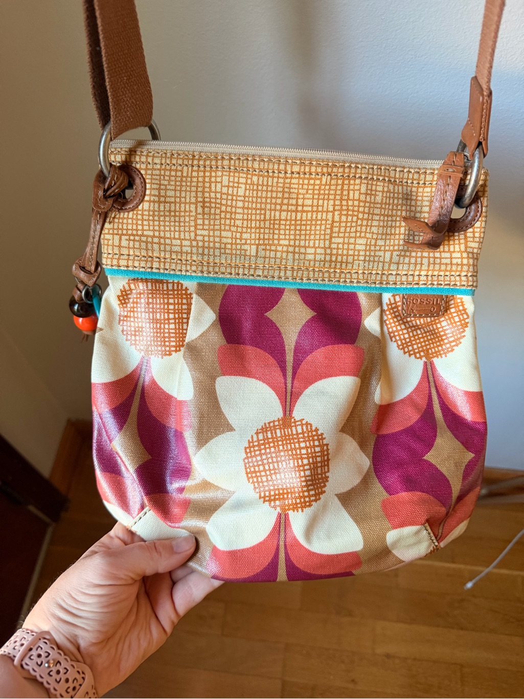 Fossil Retro Floral Crossbody Bag In Orange, Pink And Cream
